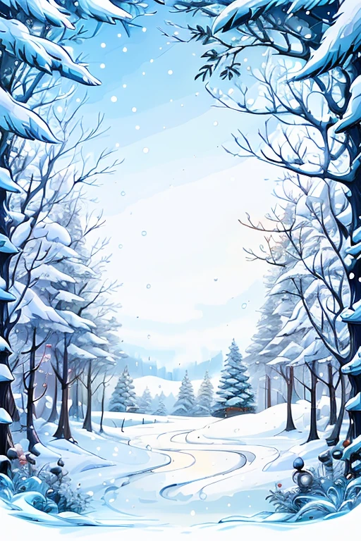 Cartoon ren's illustration, snowy field, Christmas tree on the left, bright light, lanterns, snowflakes, tenderness