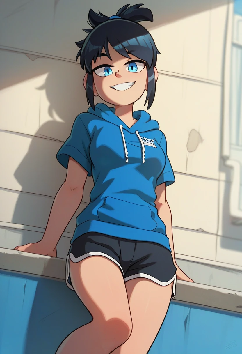 score_9, score_8_up, score_7_up, source_anime, best quality, clear face,skinny cool bright tomboy girl,black hair, blue eyes, medium hair, medium breasts, perfect body, s, looking at viewer, cool smile, mini black jumper shorts,blue underneath, plain blue hoodie,summer, dynamic angle,two hair strains on sides,medium hair,middle part,baggy clothes