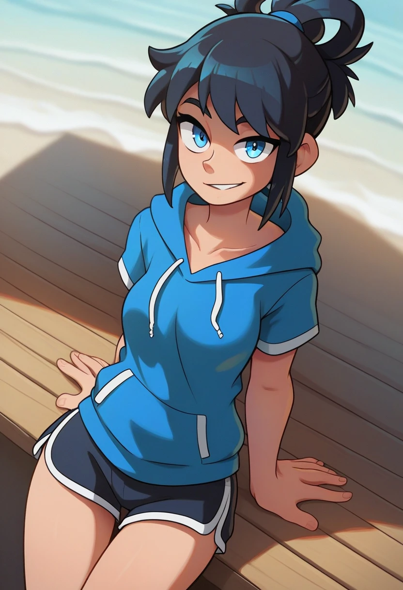 score_9, score_8_up, score_7_up, source_anime, best quality, clear face,skinny cool bright tomboy girl,black hair, blue eyes, medium hair, medium breasts, perfect body, s, looking at viewer, cool smile, mini black jumper shorts,blue underneath, plain blue hoodie,summer, dynamic angle,two hair strains on sides,medium hair,middle part,baggy clothes