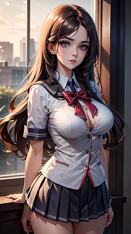 (2girls), Brown hair, Amazing face and eyes, Pink eyes, (hi-school uniform with wide open breasts:1.2), beautiful big breasts, bare breasts, (amazingly beautiful girl), Brown hair, (High School Uniform, Pleated mini-skirt:1.5), ((Best Quality)), (Ultra-detailed), (extremely detailed CG unified 8k wallpaper), Highly detailed, High-definition raw color photos, Professional Photography, (((Bokeh))), depth of fields,
