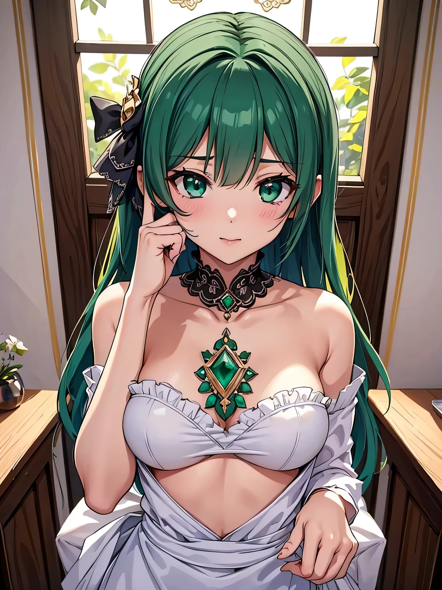 great masterpiece、Super delicate、1girl in、idol、in one's underwear only、Green lingerie、a necklace、large full breasts、all-fours、to close range、proximity、Kamimei、Looking up at me、red blush、Embarrassing、Troubled face、Slightly open mouth、