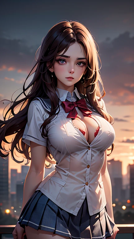 ((best quality)), ((masterpiece)), (detailed), anime girl in office uniform 25 years old, big breasts, neckline en un paisaje de una oficina lujosa, neckline, mini skirt, ((views)),((view from above))
