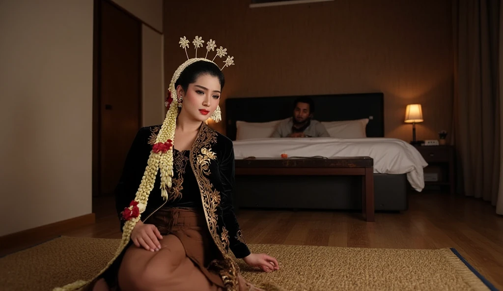 ((ultra-realistic photo)) [A beautiful 19-year-old Indonesian bride sits on the floor in the corner of a modern minimalist bedroom, wearing a black traditional Javanese wedding kebaya with intricate gold embroidery and a brown kebaya skirt. Her face is filled with sorrow, tears flowing freely as she gazes down, embodying deep emotional pain. The room is designed with a luxurious, dark minimalist bed, sleek modern furniture, and warm brown-colored walls. The atmosphere is dimly lit with a small bedside lamp casting a faint glow, creating a melancholic and intimate nighttime setting. In the background, a 30-year-old man with a long black beard lies asleep on the bed, completely unaware of her grief. The angle of the shot is close, emphasizing the bride’s expressive face and capturing the intricate details of her attire, the smooth textures of the furniture, and the dim lighting in 8K resolution for a highly realistic and poignant scene.]