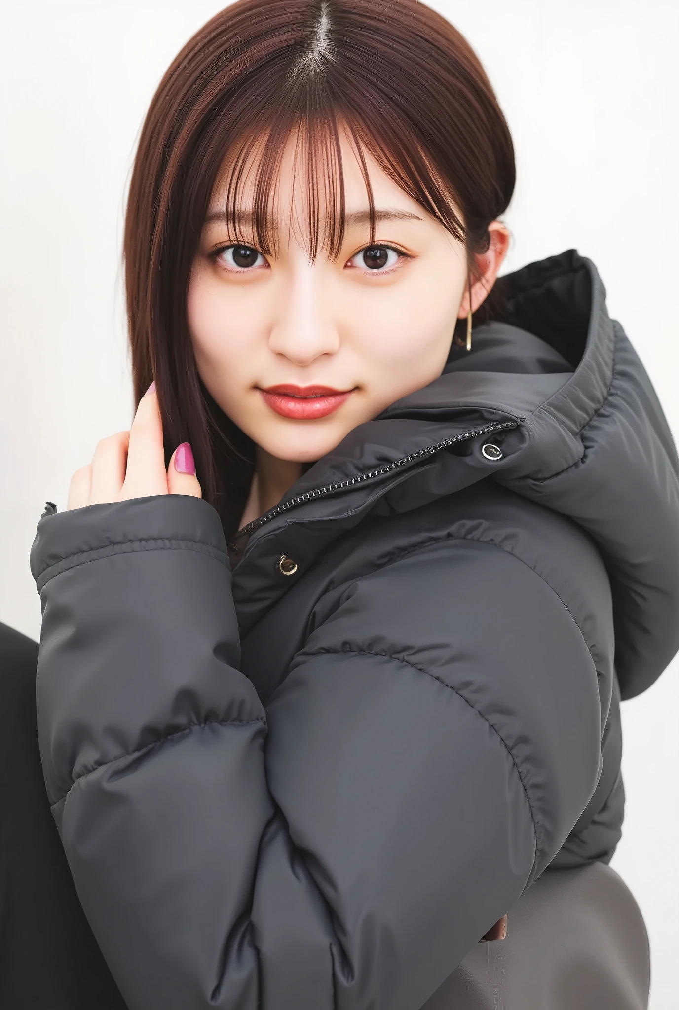 young Japanese woman、Yoshikawa Ai、 black down jacket、 trainer、smile、 beautiful alignment of teeth、 ear piercing、 white background 、 upper body