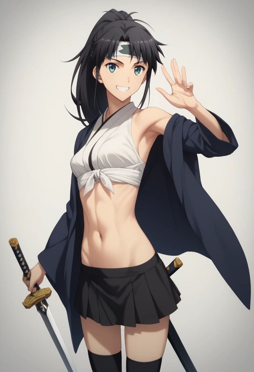   Masterpiece ,  top quality,  Takeuchi Takashi ,  one girl, Long black hair, ponytail,Character portrait,whole body, smiling gently ,Armpits exposed,Navel exposed,grassland,Sword in right hand, is pulling out the sword, holding a sword ,刀のwhole body, Viewer Target,Height: 154cm,Momotaro, black skirt,Long sleeves,Japanese clothing, lots of exposure,Slim body,Headband on head,Thighs,Black shoes, black knee-highs