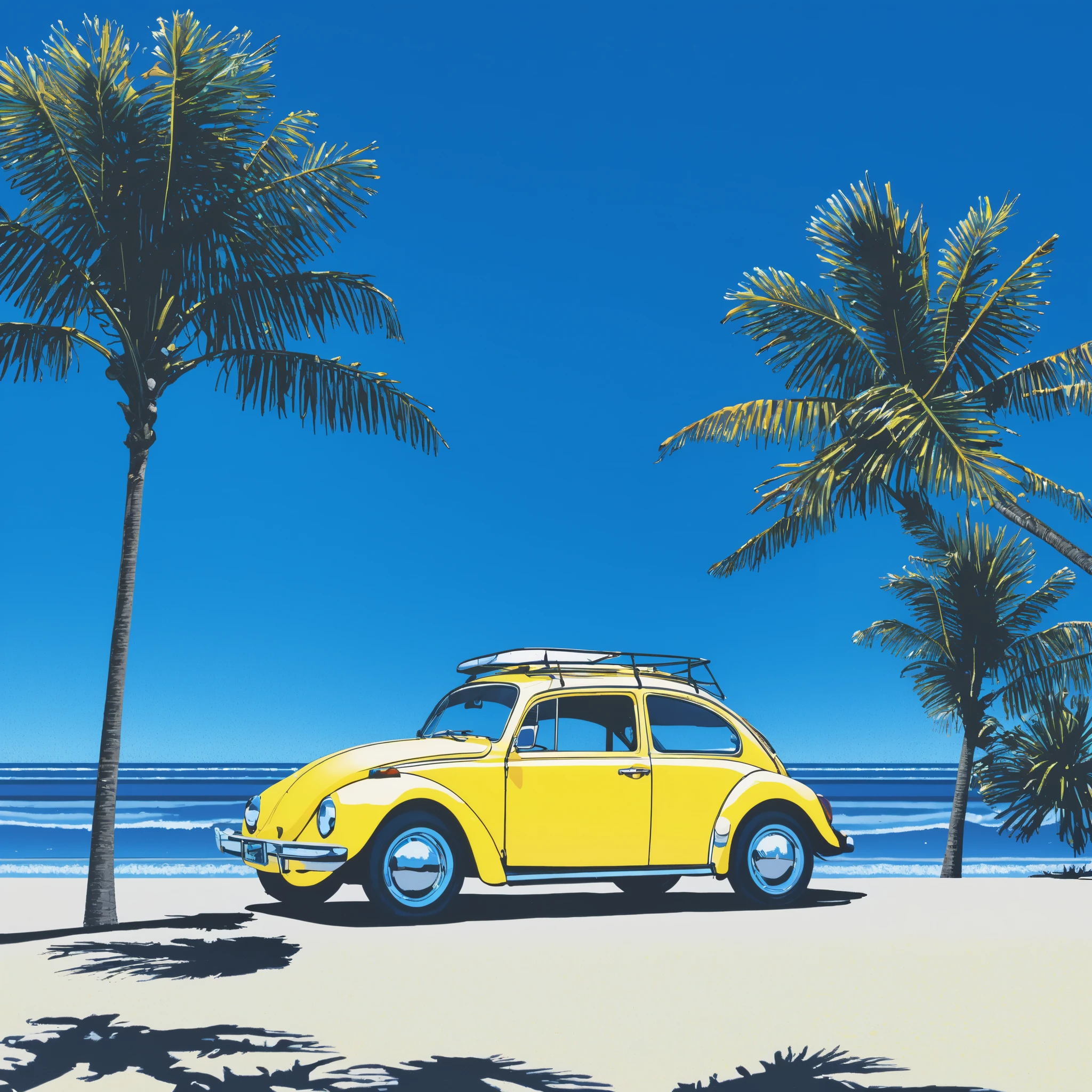 Yellow Volkswagen Beetle and surfboard,city, beach, ground vehicle, ocean, beer can, Gradient blue sky, bush, day, vehicle focus, palm tree, reflection, sky, can, treeworking , masterpiece,  High Detail ,  poster and magazine illustration effect, 