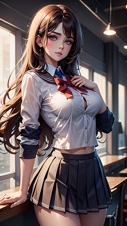 (2girls), Brown hair, Amazing face and eyes, Pink eyes, (hi-school uniform with wide open breasts:1.2), beautiful big breasts, bare breasts, (amazingly beautiful girl), Brown hair, (High School Uniform, Pleated mini-skirt:1.5), ((Best Quality)), (Ultra-detailed), (extremely detailed CG unified 8k wallpaper), Highly detailed, High-definition raw color photos, Professional Photography, (((Bokeh))), depth of fields,
