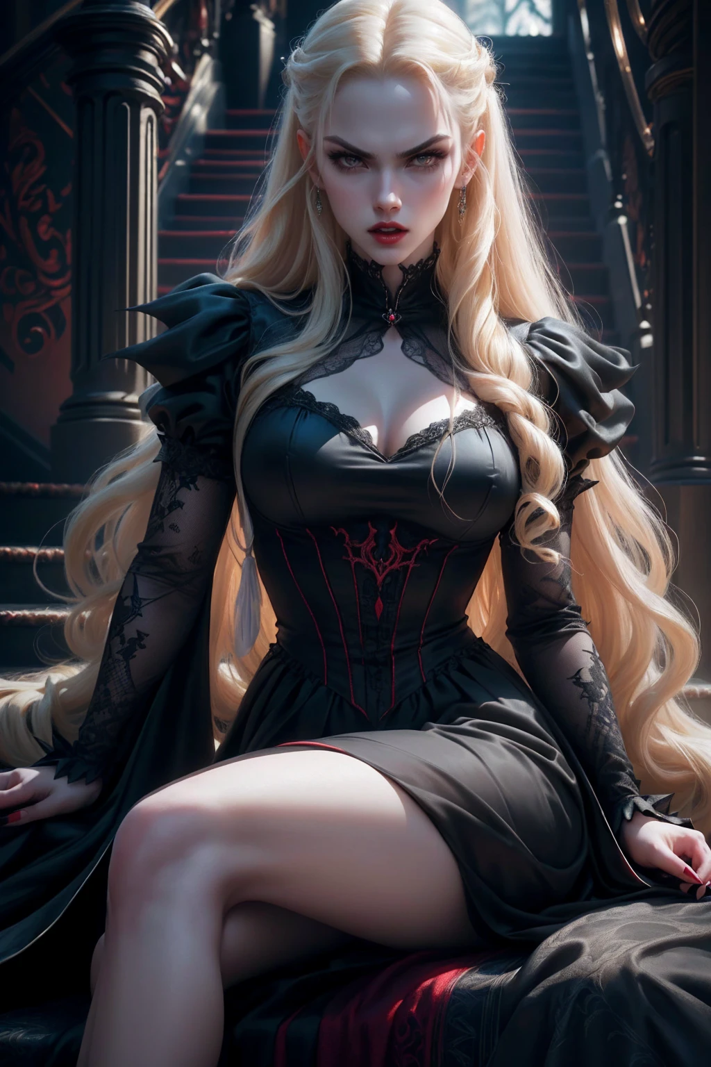 Photorealistic portrait of a vampire girl Egilea ASMR in full body in frame, Bloodsucker, Standing in a sexy position, White glowing eyes, Detailed Face, Blood was flowing from his mouth and dripping onto his chest, fangs, Smiling, Streaks of blood, full - body, beautiful big breasts, dark makeup, eye liner, Mesmerizing eyes, well-defined cheekbones,,,,,,,,,,,,,, Embossed jawline, standing tall, Beauty with long blonde hair, red colour Dress,, elegance, grace, natural beauty, attraction , charisma, versatility, photogenic, Dark street, Dark, Deep Night, cos, shrouded in darkness,, Form-fitting silhouette, Glowing eyes in the dark, Lenore from anime Castlevania, nacked, big , sitting on soffa, nacked, sexy blue dress