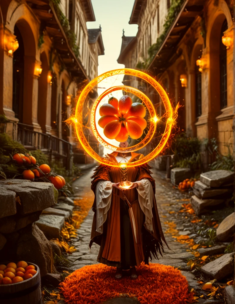 Witch, experience, fantasy, adventure, magic, orange fruit spell, orange theme, 1girl, orange glowing spell, 3D render, HDR (High Dynamic Range), ray tracing, NVIDIA RTX, Hyper-Resolution, Unreal Engine 5, subsurface scattering, PBR textures, anisotropy post-processing, maximum sharpness, multi-layer textures, albedo and specular maps, surface coloring, precise simulation of light-material interactions, perfectly proportioned, rendered in Octane, bicolor lighting, wide aperture, low ISO, white balance, rule of thirds, 8K RAW data, textured skin, super detailed, realistic, hyper-realistic, full body and face portrait, glowing magical orange fruit, vibrant enchanted orange environment, dynamic depth of field, cinematic feel, emotional expression, mystical atmosphere, detailed textures, vibrant lighting, glowing orange patterns.