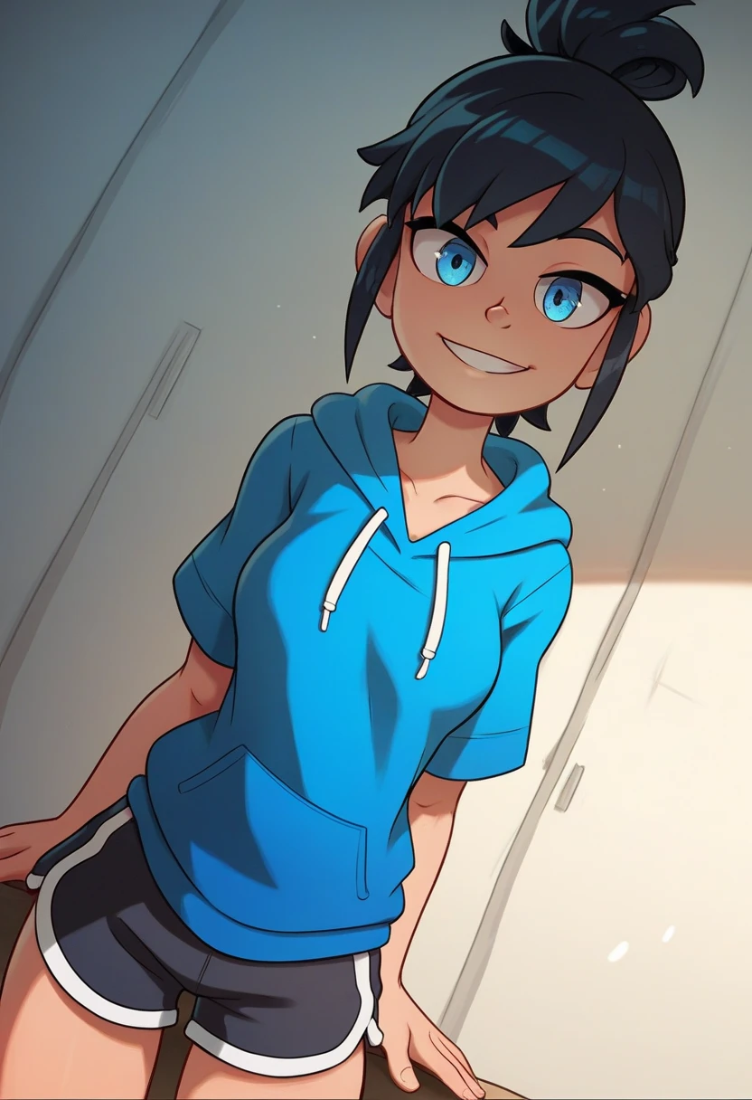 score_9, score_8_up, score_7_up, source_anime, best quality, clear face,skinny cool bright tomboy girl,black hair, blue eyes, medium hair, medium breasts, perfect body, s, looking at viewer, cool smile, mini black jumper shorts,blue underneath, plain blue hoodie,summer, dynamic angle,two hair strains on sides,medium hair,middle part,baggy clothes,hair going right