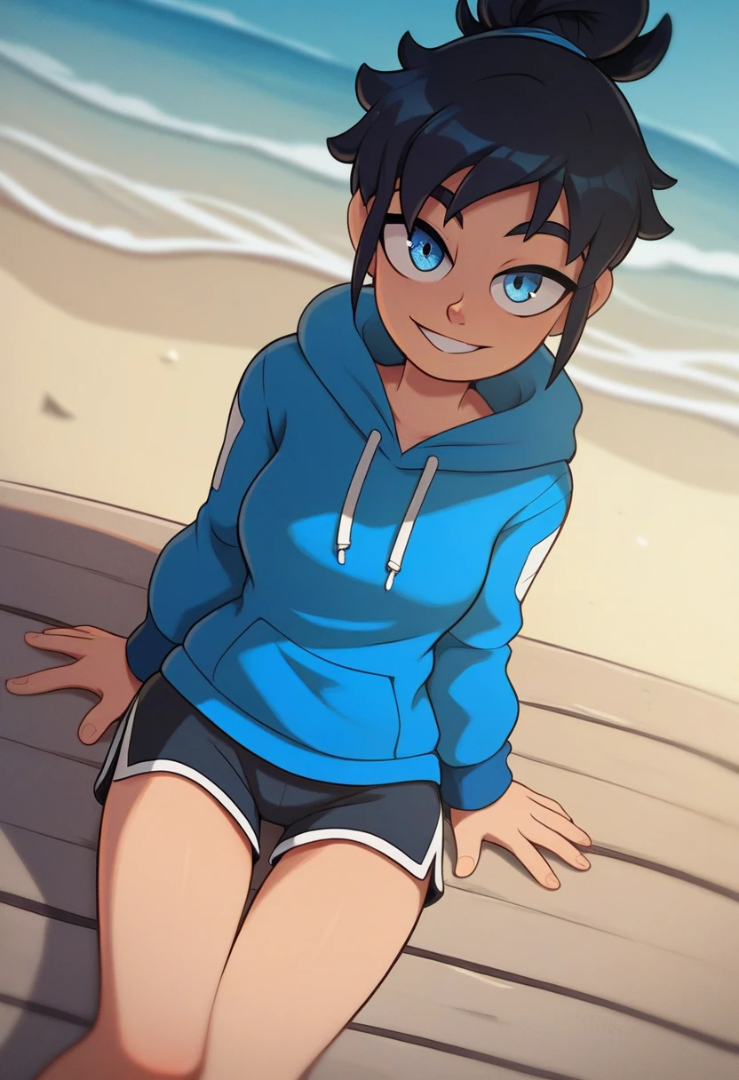 score_9, score_8_up, score_7_up, source_anime, best quality, clear face,skinny cool bright tomboy girl,black hair, blue eyes, medium hair, medium breasts, perfect body, s, looking at viewer, cool smile, mini black jumper shorts,blue underneath, plain blue hoodie,summer, dynamic angle,two hair strains on sides,medium hair,middle part,baggy clothes,hair going right