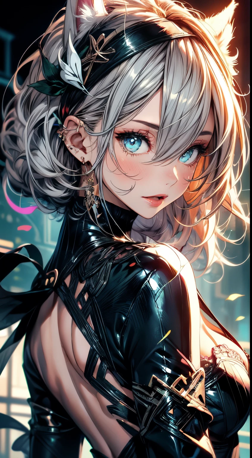 (((highest quality))),(((detailed eyes))),(((32k))),(1 girl),flashyな色の髪,(tattoo),(cyber punk),kimono,((Luxurious and gorgeous)),Shiny skin,earrings,flashy,((Super beautiful woman)),(perfect face),Japanese sword,ultimate texture,official art,Ukiyo-e,stylish,photograph,perfect body,smile,Bewitching,Highest image quality,distinct,real,fantasy,(Near the future),ninja,((perfect eyes)),big breasts,((cleavage)),highlight,挑発的なsmile,stick out tongue,split tongue,((mechanical)),prajna mask,Fox Mask,mandala,Pouring rain,Majestic,apotheosis,