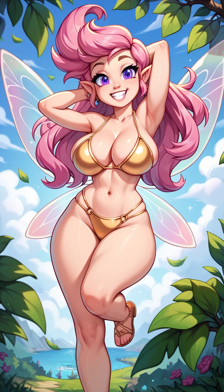 1 ,  teenage fairy with transparent wings ,smile,   looking at the spectator ,   arm behind the head ,  Half-closed purple eyes ,  long pink hair,  golden bikini, diaphragm,   wide hips ,(  Big breasts  :1.3),Flying through the clouds 