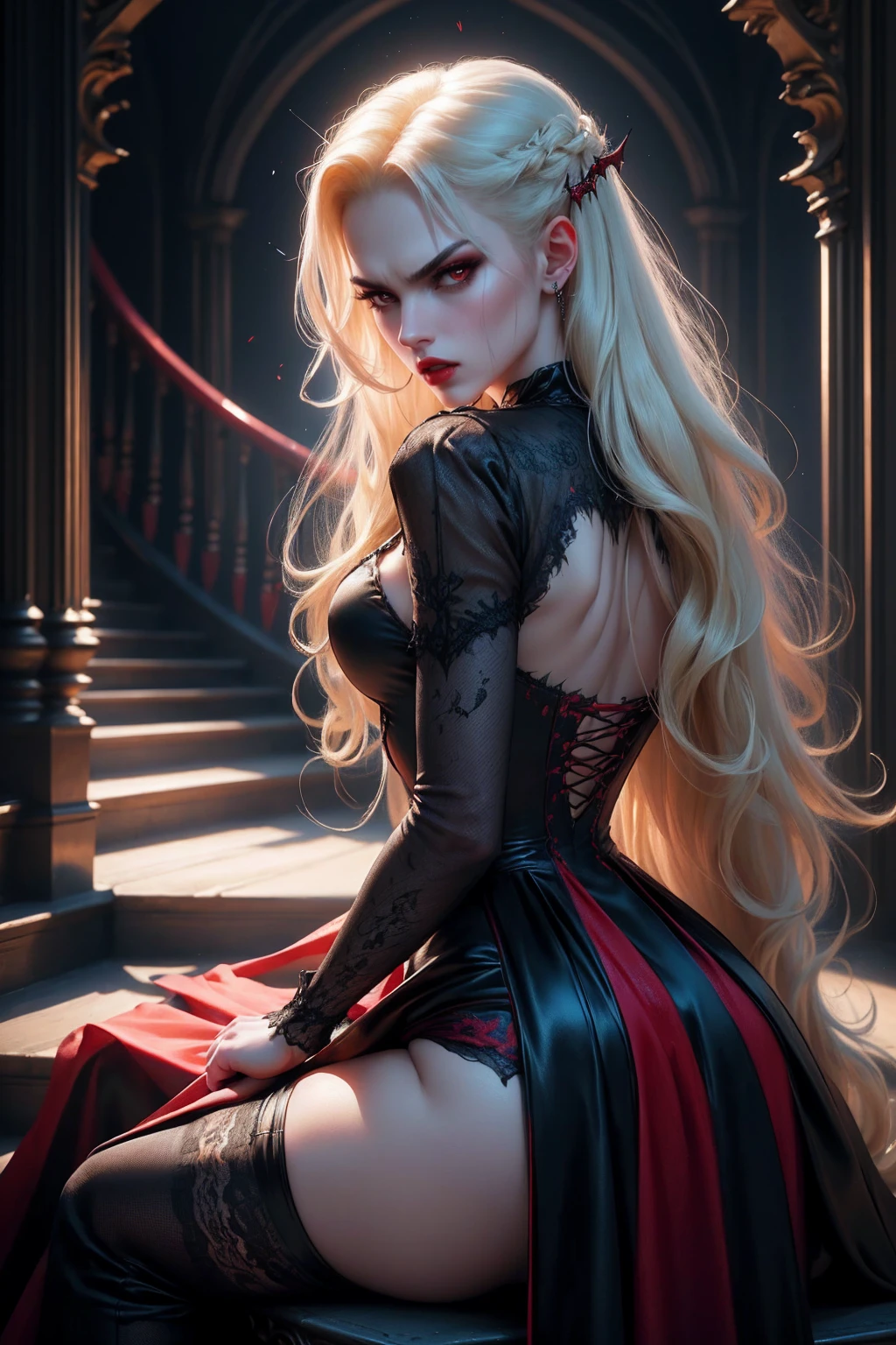 ((anime art: 1.5)), RPG art, Dark fantasy anime art, comic portrait of gothic queen (best details, Masterpiece, best quality :1.5), ultra detailed face (best details, Masterpiece, best quality :1.5), ultra feminine (best details, Masterpiece, best quality :1.5), wearing latex black mini dress, black stockings, pink high heels, long braided hair, hair pulled back, blond hair, dynamic goth background (best details, Masterpiece, best quality :1.5), ultra best realistic pictures , best details, best quality, 16k, [ultra detailed], masterpiece, best quality, (extremely detailed), ultra wide shot, photorealism, depth of field, hyper realistic painting, wearing collar, hihelz
