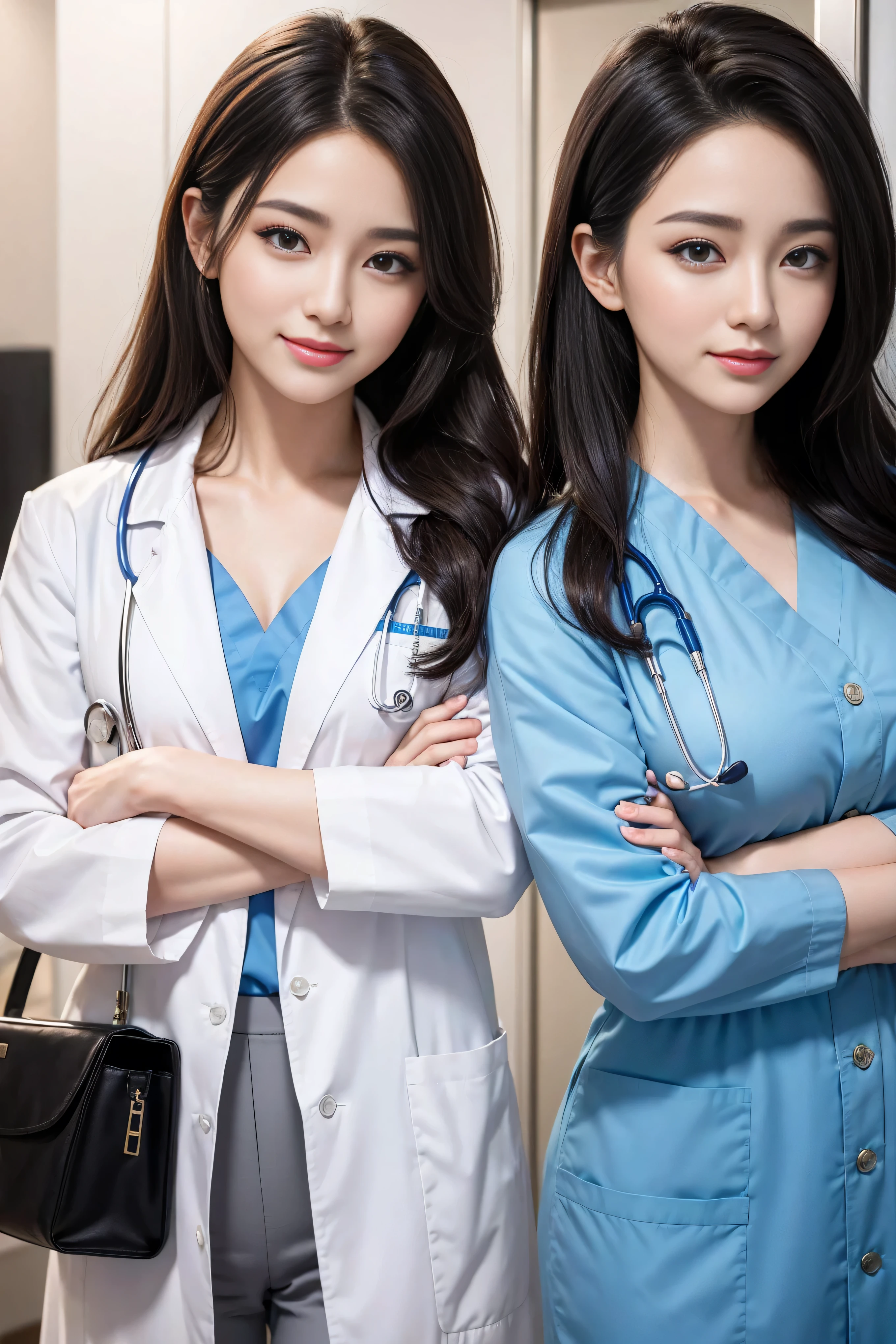 Realistic beautiful doctor、Stunningly beautiful、Doctor's white coat, Collared shirt、(Top quality、8K、32K、masterpiece、North African Trade Zone:1.3)、Ultra-high resolution,(Reality:1.4),Original Photography, Detailed face,,Beautiful hair, ((Doctor style)),,((Leg length)), (Thigh gap:1.5), , Black tight skirt、 Natural Makeup,, Big plump breasts、In the hospital, Detailed background, Perfect lighting, Depth of Field, Beautiful shadow gradient,Stethoscope ,