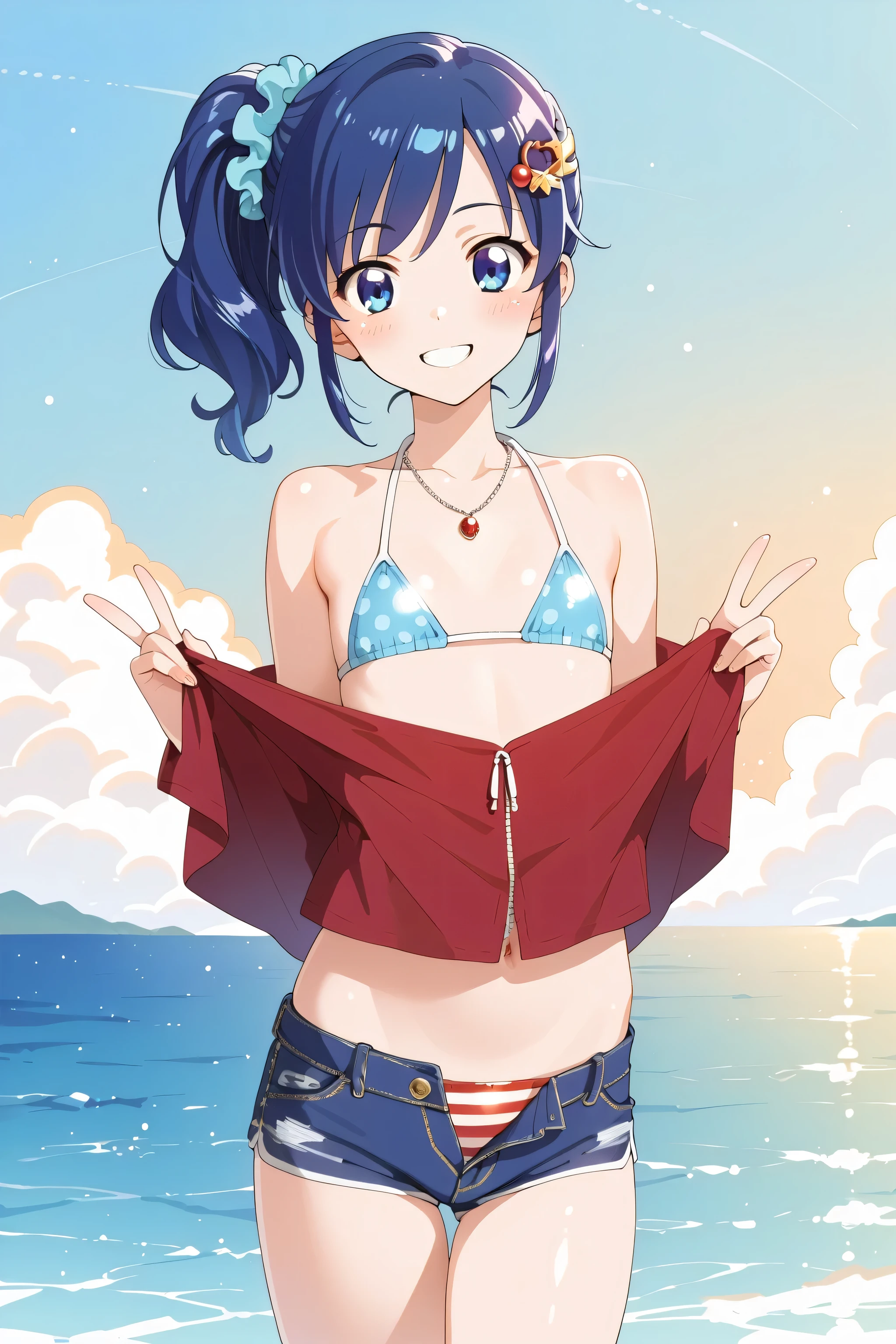 A very beautiful image of a girl in a bikini doing a peace sign, 1 girl, breasts, solo, flat chest,swimsuit, bikini, nipples, shorts, blue eyes, blue hair, navel, smile, Aoi Kiriya,, blue bikini, jewelry, side ponytail , looking at viewer, shirt, denim, v, pulling clothes, smiling, necklace, ocean, outdoors, hair ornament, red shirt, denim shorts, bikini under clothes, scrunchie