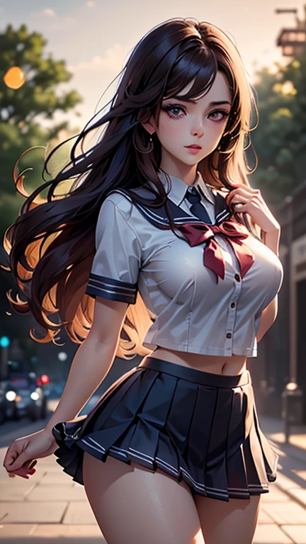 (2girls), Brown hair, Amazing face and eyes, Pink eyes, (hi-school uniform with wide open breasts:1.2), beautiful big breasts, bare breasts, (amazingly beautiful girl), Brown hair, (High School Uniform, Pleated mini-skirt:1.5), ((Best Quality)), (Ultra-detailed), (extremely detailed CG unified 8k wallpaper), Highly detailed, High-definition raw color photos, Professional Photography, (((Bokeh))), depth of fields,
