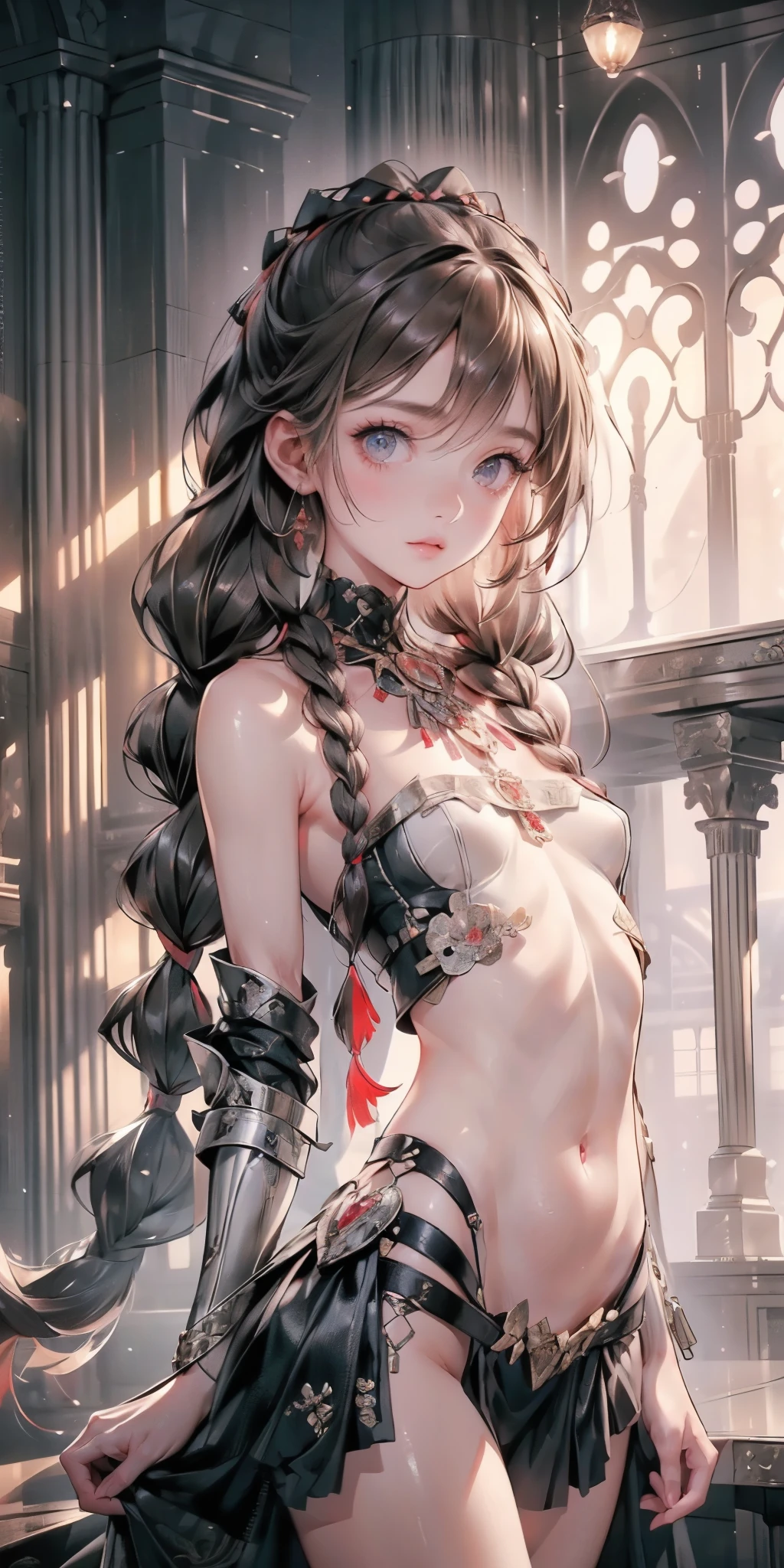 ((best quality)), ((masterpiece)), (detailed), 1girl, (big forhead:1.2),extremely detailed cute anime face, (((flat chest))), (flat chest:1.1),((((long twin braids,tight braids,long braid,braided hair,long hair)))),intricate eyes,beautiful detailed eyes,symmetrical eyes,(((detailed face))),beautiful detailed lips, dynamic pose, looking at this, resolved, resolute, highres,(best quality),(ultra detailed,extremely detailed),perfect face details, ((masterpiece:1.4, best quality))+, (ultra detailed)+, long twintails, cute girl, (flat chest:1.1), small breasts, slim body, skinny, prominent collarbones, skinny arms, flat stomach, visible hip bones, long hair, red hair, white hair, blonde hair, dark hair, ponytail, thick ponytail, heavy ponytail, small breasts, perfect face, small breasts (flat chest:1.1), Detailed body,Full limbs, (flat chest:1.1), perfect face, a beaituful goddess valkyrie enshrined in armour, grand in scale and intricacy, Bloodborne inspired valkyrie, occult aesthetic, occult, detailed and intricate steampunk and detailed gothic, Very dramatic and cinematic lighting, cosmic horror, grim dark, Red and white with a sense of technology, side-lighting, NSFW, Depicting female characters from ethereal anime in a high-quality anime art style, gothic ta, beautiful small breasts, full body, whole body, body