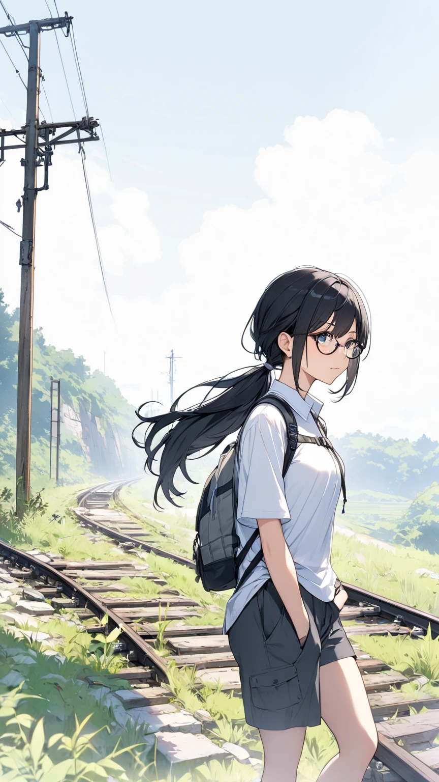 Black hair, glasses, ponytail, hiking, abandoned railway line,