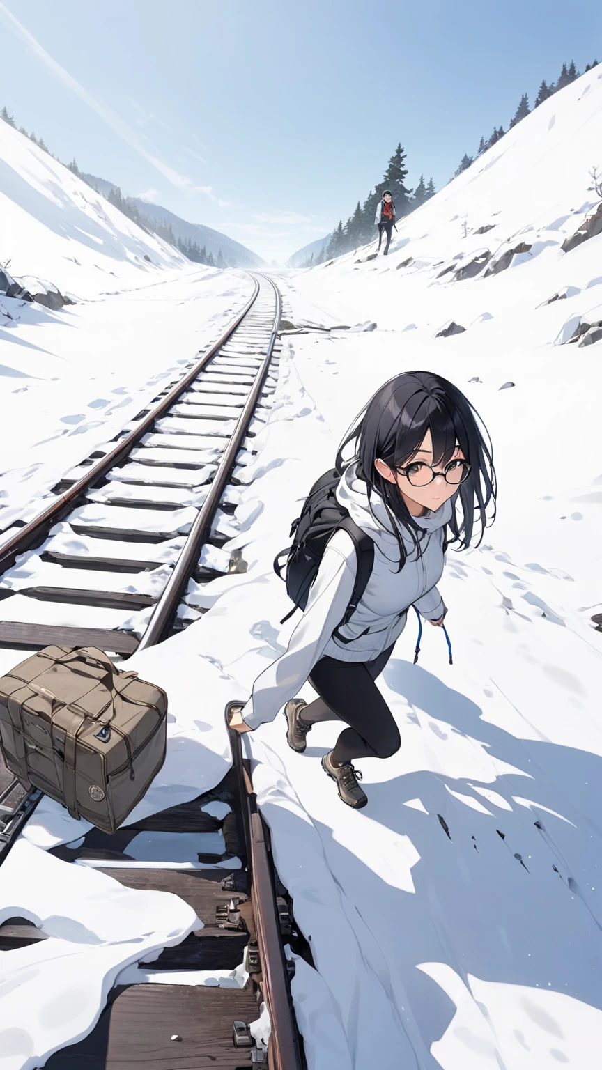 Black hair, glasses, hiking, abandoned railway line,