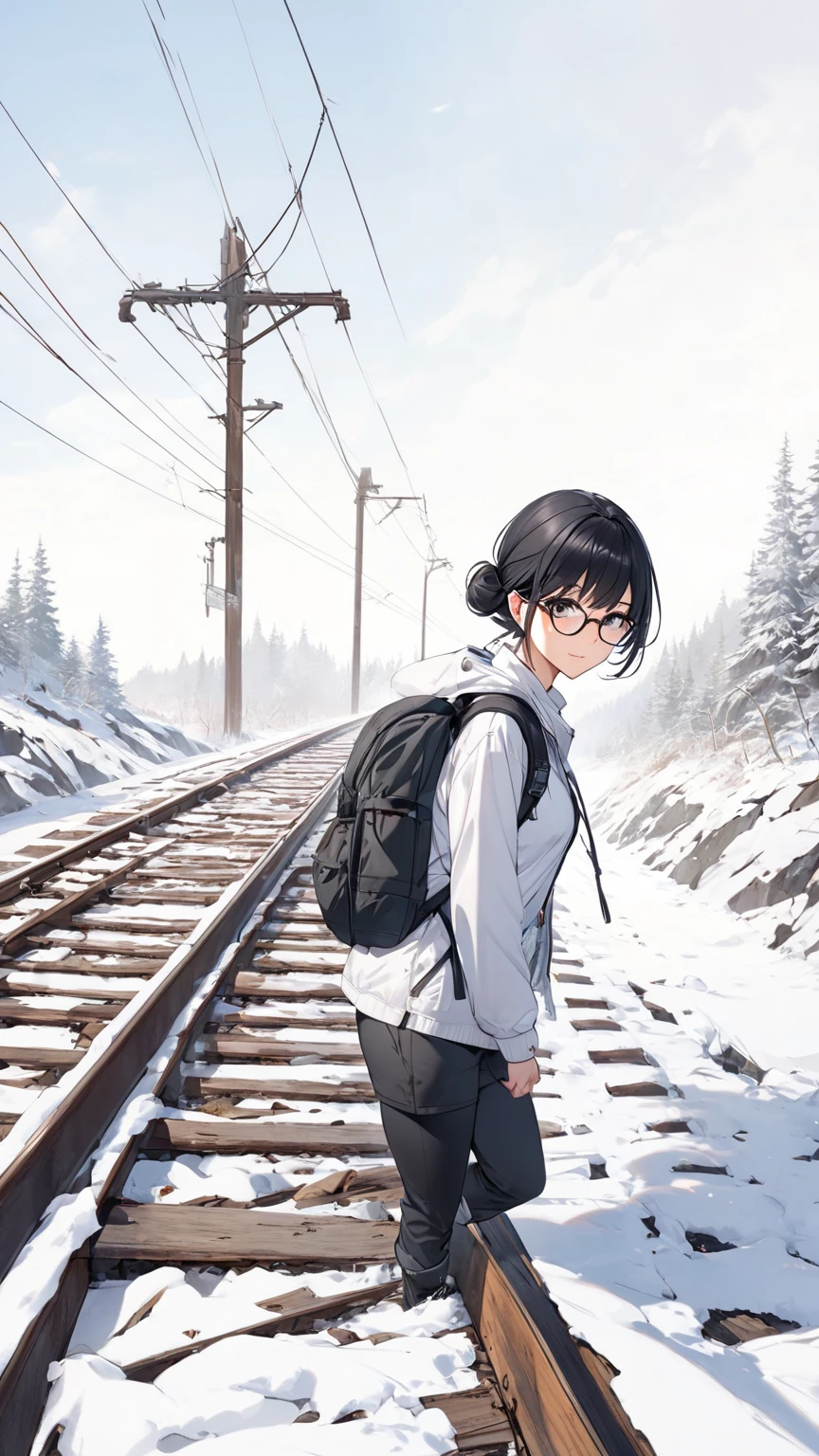 Black hair, glasses, hiking, abandoned railway line,