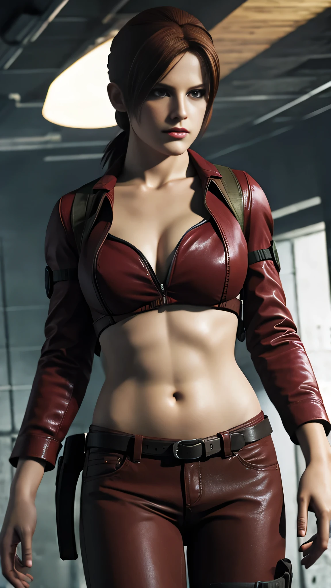 claire redfield, sexy pose, medium size breasts, blue shorts, tight top, red jacket, military belts and straps, realistic skin, ulltra realistic art, feminine body, megan fox body