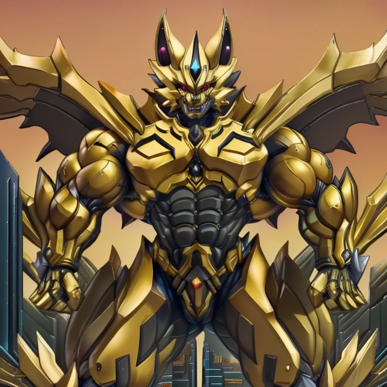 (Bergamo_DB, 8K), (Bergamo_DB's giant robot, Powered exoskeleton with the same design as Bergamo_DB), (Masterpiece, highres) (Detailed head, Detailed Body, Detailed abs, full body) (gigantic muscles, Gigachad Muscular, big muscle, pecs, triceps, traps, unusually developed muscular body, body full of huge muscles. showing off muscles, pectorales enormes, Exaggeratedly huge muscles.) (nj5furry, The claws are sharp, Sharp teeth, sharp claws), (long legs), (Spread wings, It has wings, have big wings, golden wings), (It has wings, whole body shines like metal, Wearing cyberpunk mecha, emphasizes the muscles, suit fully made of metal, intricate armor, Robotic suit, suit fully made of metal, cyborg. golden armor), (golden hyper penis), menacing pose, no face. wearing a full-face helmet. 