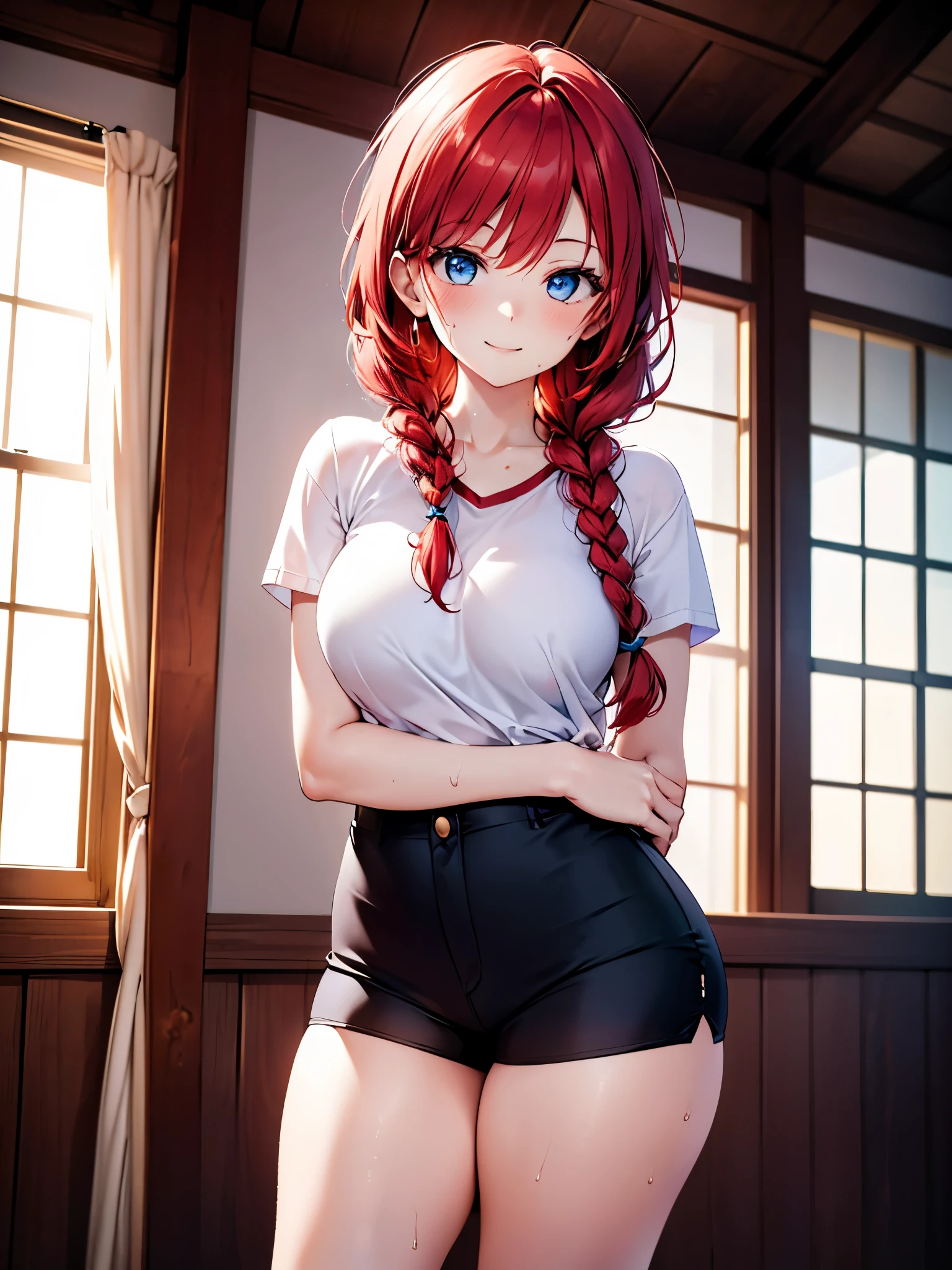 1 girl, solo, itsuki nakano, detailed background, aged, mature woman, star hair ornament, medium hair, red hair, choke, bangs, hair amazing eyes, blue eyes, milf, sexy body, bottom, white shirt, high neck, short sleeves, open shirt, black bra, black thong, black pantyhose, smile, look at viewer, from behind, point of view (from below), seductive, street, city, standing, ((red sweat, breasts large, medium waist, wide hips, medium thighs, perfect anatomy, perfect hands