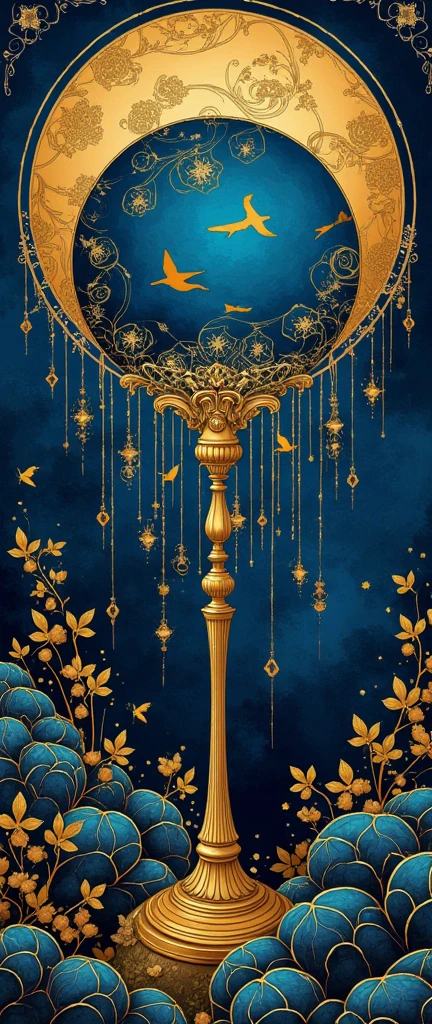 still-life. The main colors are gold and indigo, which creates contrast, visual depth, uniqueness and dynamism.dark fantasy background golden dark art gold
