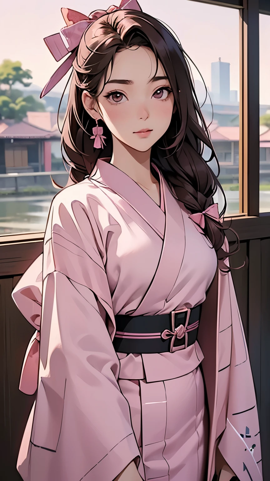 Masterpiece , top quality, high definition , Venus 1, 1 girl, Alone, Tsuko Kamato, bamboo, brown hair, ((( Pink Ribbon )) checkered belt , gag, gag, gradient hair , Haori, kimono, kimono, long hair, keeps staring at the audience , Pink Eye, pink kimono, Pink Ribbon , Alone,