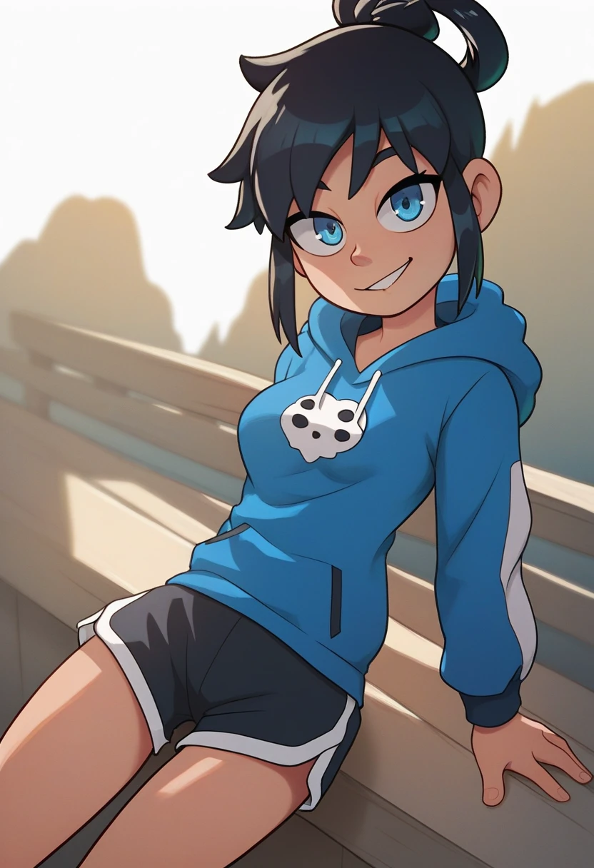 score_9, score_8_up, score_7_up, source_anime, best quality, clear face,skinny cool bright tomboy girl,black hair, blue eyes, medium hair, medium breasts, perfect body, s, looking at viewer, cool smile, mini black jumper shorts,blue underneath, plain blue hoodie,summer, dynamic angle,two hair strains on sides,medium hair,middle part,baggy clothes,hair going right