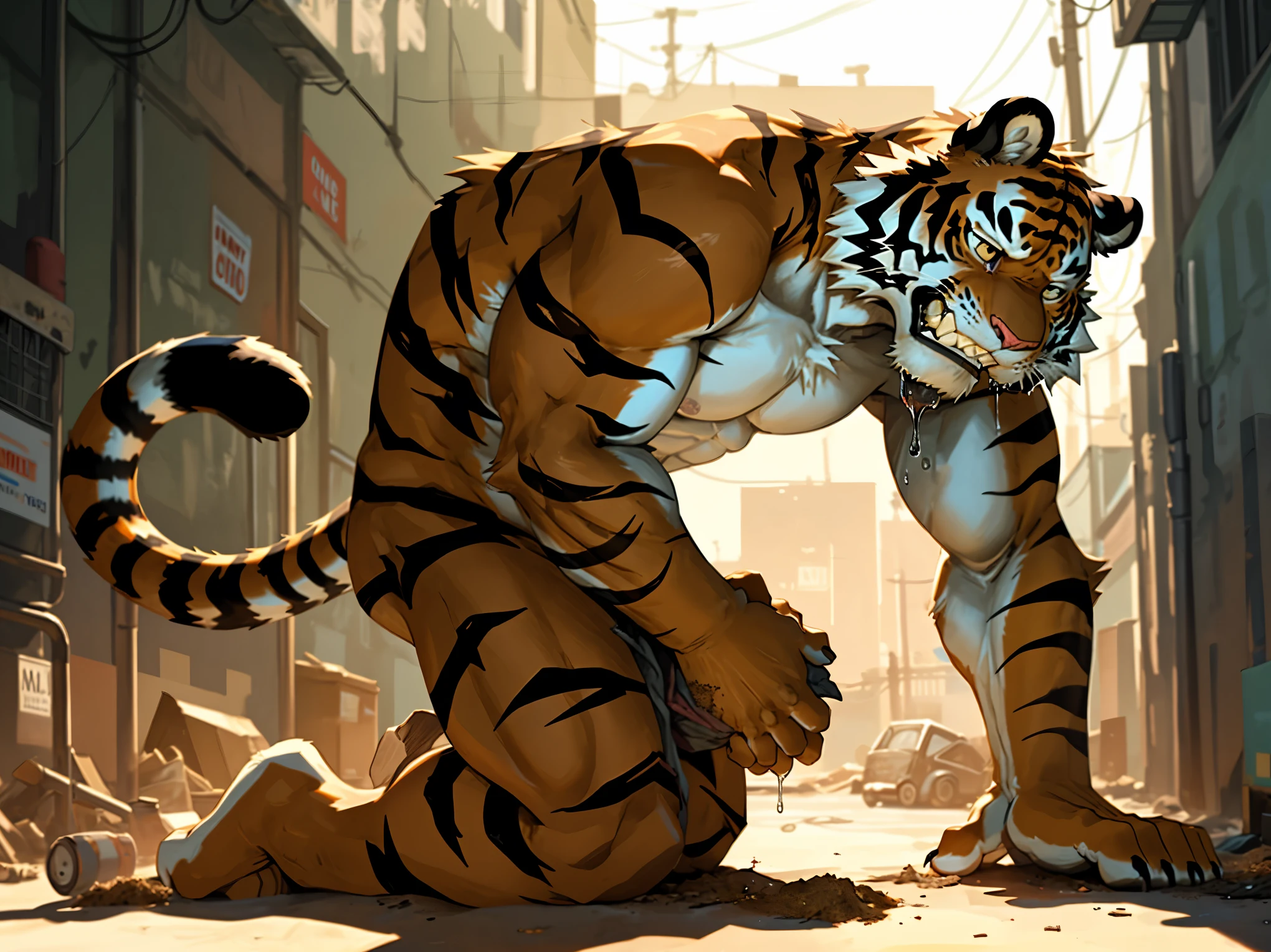 Male tiger、Jumping pose、Very huge muscles、Tiger looking sideways、Black shaggy hair、Extremely large bulging crotch underwear、Male genitalia outline、Lots of pubic hair、Very long armpit hair、Thick chest hair、Composition looking up from diagonally below、Barking tiger、Concrete Background、Pose with both hands raised up、Long body、very short legs、Sharp claws on the toes、Hairless head、Bristling fur all over the body、Howling pose、Upward facing face、Very long and profuse armpit hair、tiger tail