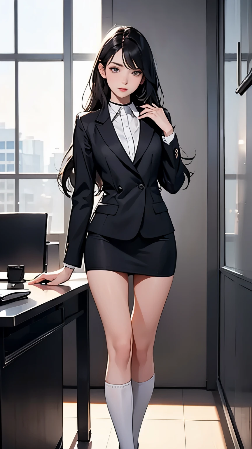  top quality,  Full Body Portrait , delicate face,  beautiful face,  big eyes: 1.1, compensate: 1.2,  25 year old woman,  slender body ,  small bust, Office Lady Uniform,  white collar uniform for women, Office Uniform,  Black Stockings , Outdoor Scene,  standing,  long hair, nude, nude, nude