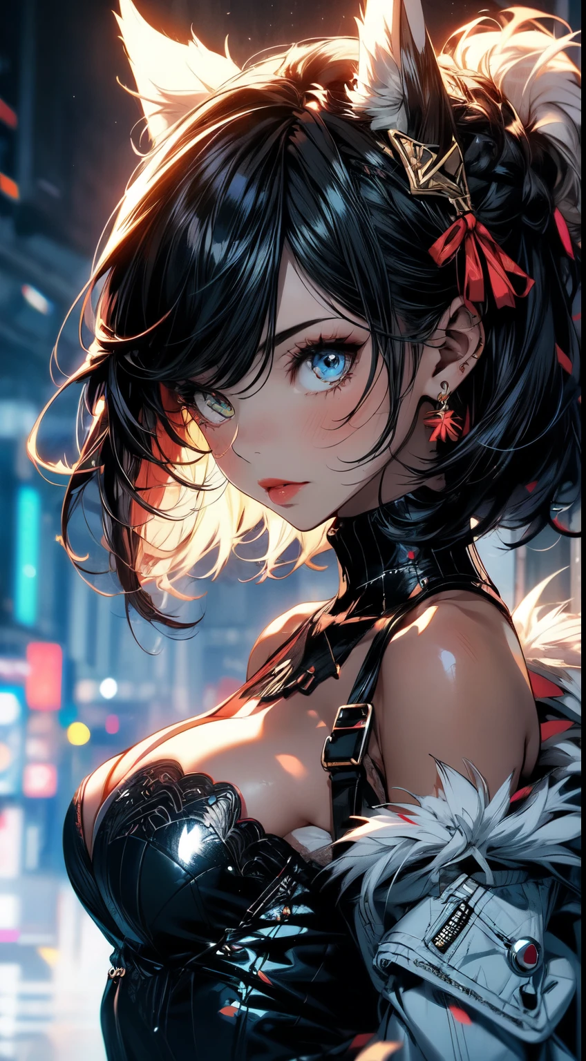 16K, RTX, HDR, extremely high details, intricate, professional makeup, closeup shot, best quality, masterpiece, night time, 1woman, solo, mature, cool, edgy, muscular, sexy  micro bikini top, glowing eyes,  long hair, , big boobs, cleavage, ((extremely slutty)).