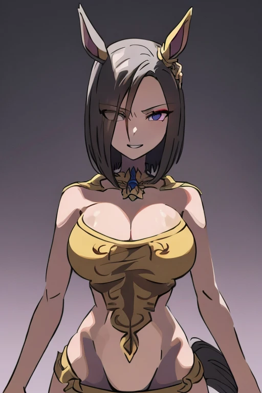  1 girl, solo,  black hair,  red eyes, excited,  smirking face , Glowing Eyes,  hollow eyes, 大きなchest, chest, nude,Viewers,Big Breasts,sex ,Cowgirl,Horse Girl,Horse ears,Air Groove, Move your hips,Trembling, grabs the breast