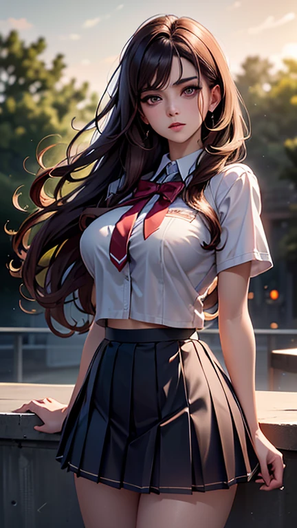 (2girls), Brown hair, Amazing face and eyes, Pink eyes, (hi-school uniform with wide open breasts:1.2), beautiful big breasts, bare breasts, (amazingly beautiful girl), Brown hair, (High School Uniform, Pleated mini-skirt:1.5), ((Best Quality)), (Ultra-detailed), (extremely detailed CG unified 8k wallpaper), Highly detailed, High-definition raw color photos, Professional Photography, (((Bokeh))), depth of fields,
