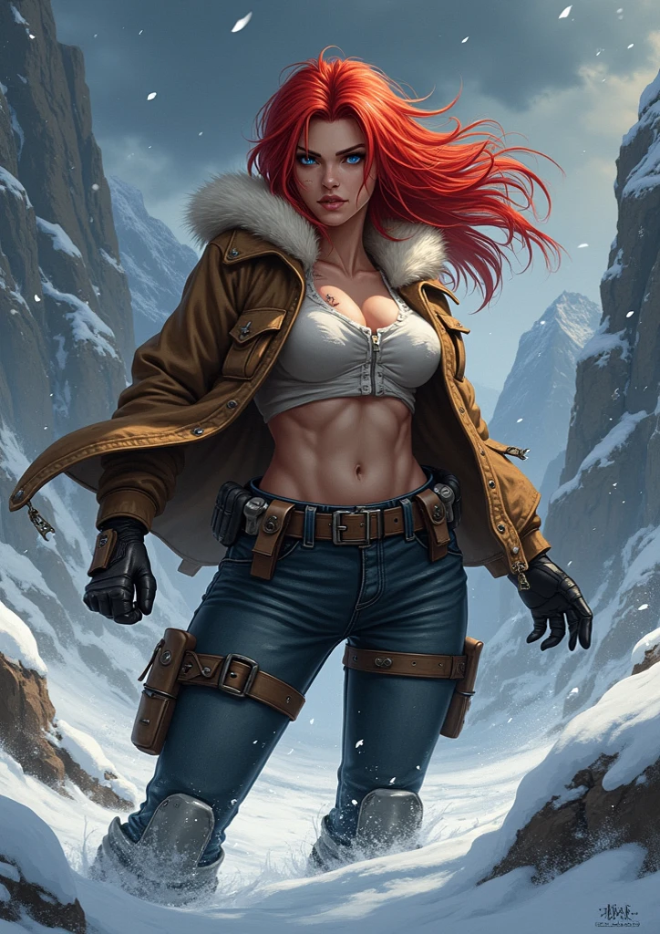 (best quality, masterpiece, perfect face, beautiful and aesthetic:1.2, colorful, highest detailed face, dynamic pose),
1girl, razor cut, Ginger, naughty sexy, seducing, erotic, lascivious, (sexy Sorcerer:1.2), big breasts,
day,snow,windy,blue sky,ice,cumulonimbus , ((full body)), from side:1.3,depth of field,looking at viewer,
(official art, extreme detailed, highest detailed)