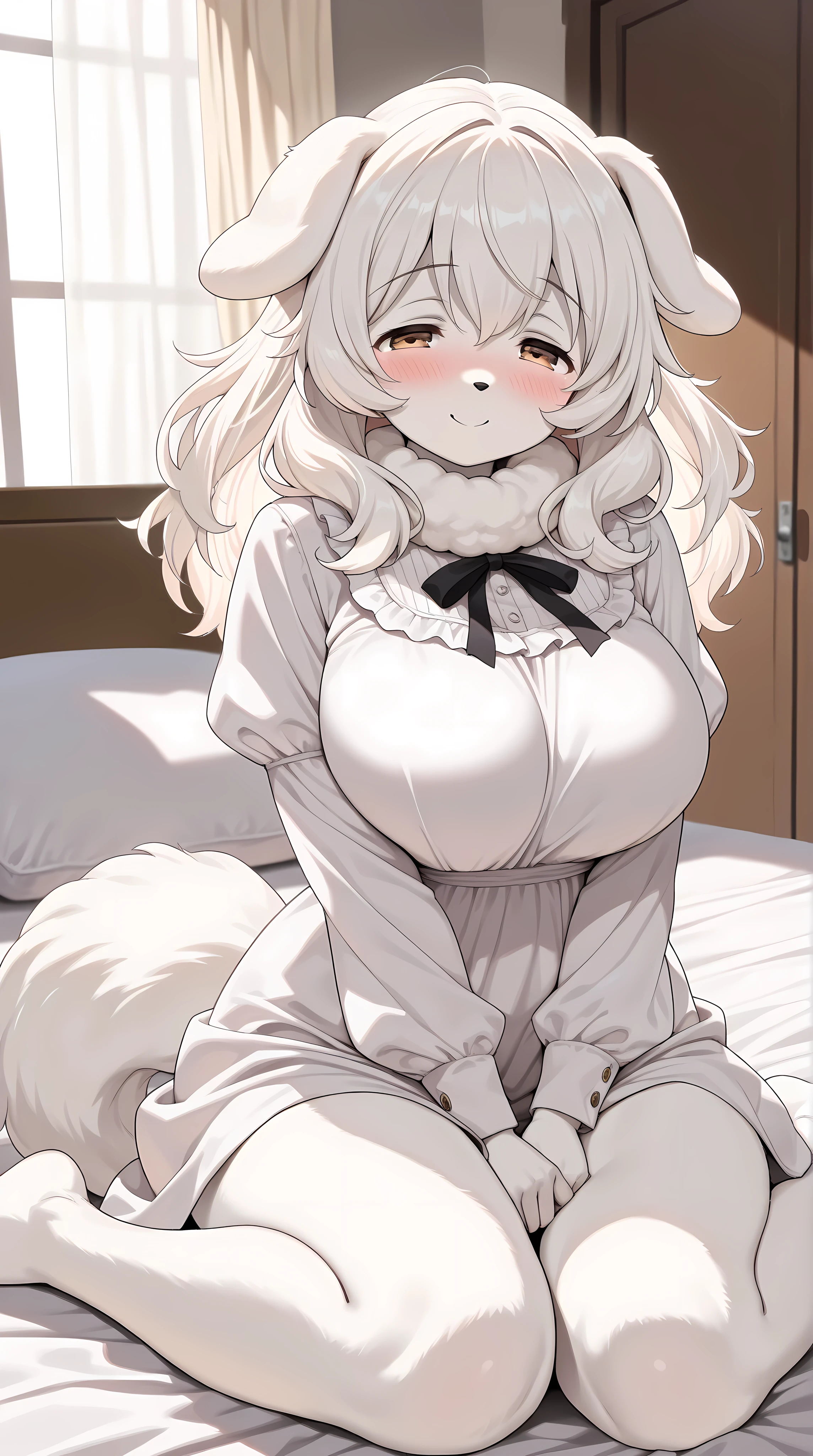 Girl, furry, den, naked, erotic, sheep, yellow eyes, sheep horns, sheep fur, white hair, very large and soft breasts, large nipples, marked nipples, curvy body, large hips, exposed breasts, visible breasts , big soft butt, soft thighs, sitting on the bed, sitting on her feet, blushing, blushing, at night, soft light, yellow light, big window, big bed, wooden wall