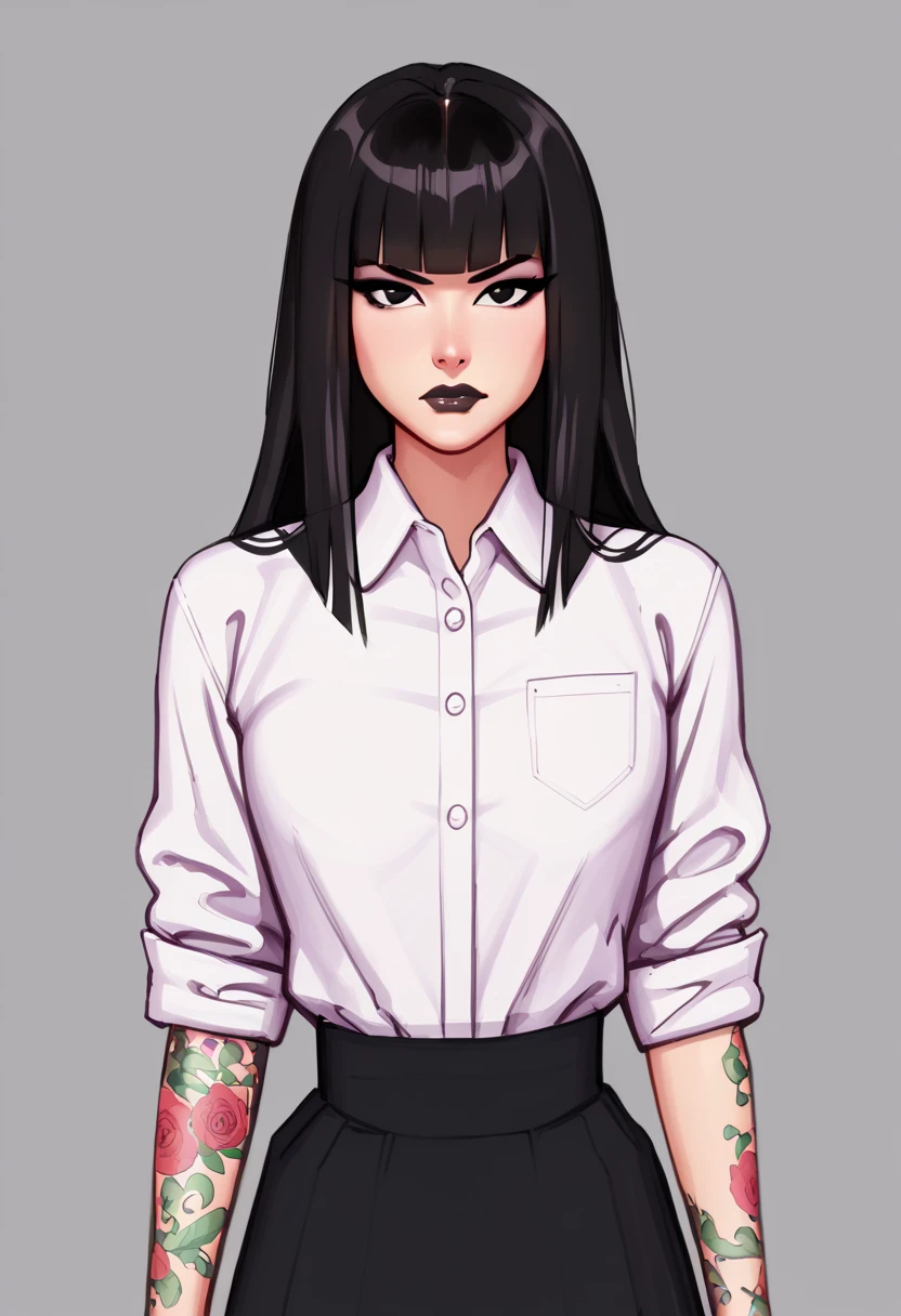 score_9, score_8_up, score_7_up, 1girl, sketch, detailed background, Asian, white shirt, black skirt, rolled up sleeves, sunny, lovely, hime cut hair, scowl, black lips, black eyes, tattoos
