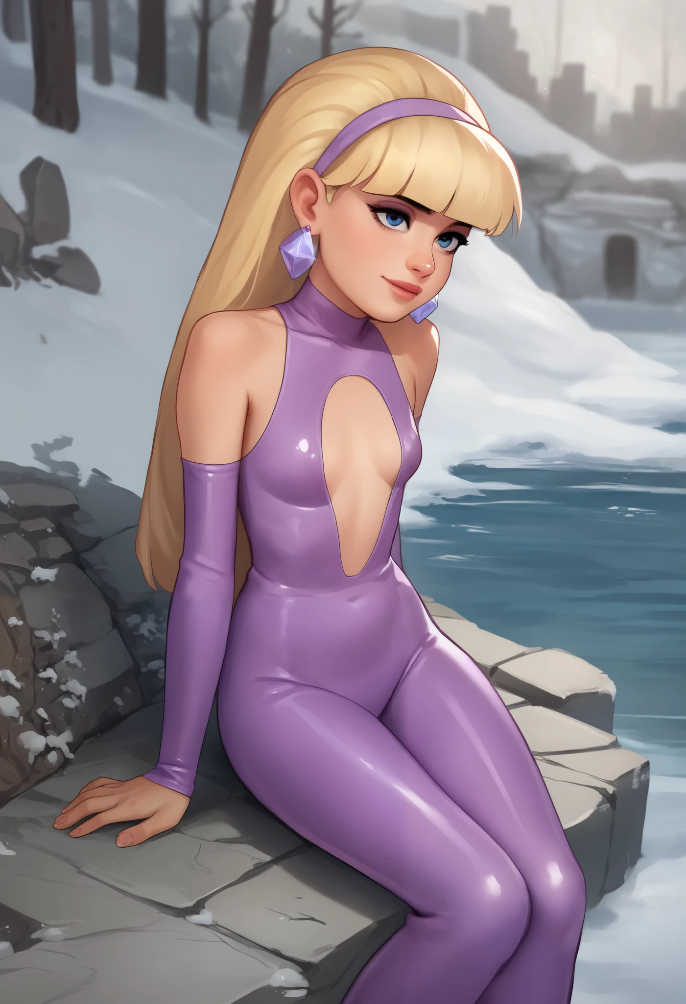 account_9, account_8_ex, account_7_ex, account_6_ex, account_5_ex, account_4_ex, pacifica, 1 girl, solo, long blonde hair with bangs, dark blue eyes, purple shadows, round lavender earrings, small saggy breasts. latex suit. snow. river. ruins. sitting