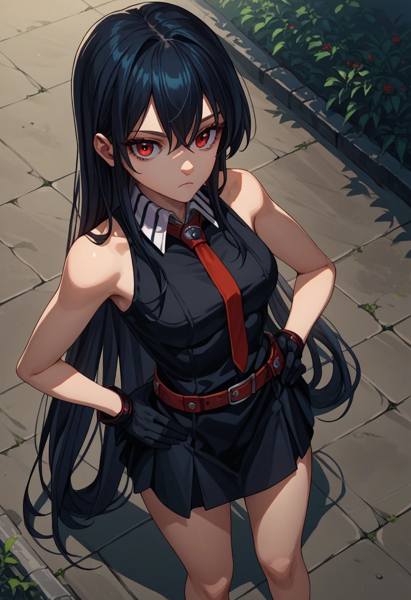 score_9, score_8_above, score_7_above, source_anime, Alone, 1 , eat, expressionless,  looking at you , standing,  hand on her own hip , black shirt,  dress shirt, sleeveless shirt,  red tie, clamps, black gloves, Black skirt,exposed thighs, belt, bare shoulders,  outdoor, A gram
