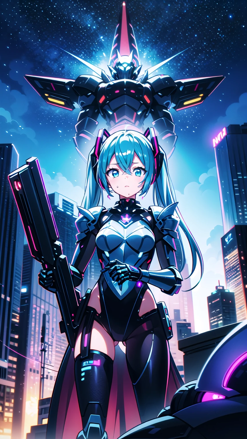 Anime girl in futuristic suit standing in front of city skyline, cyberpunk art inspired by Marek Okon, Pixiv Contest Winner, neo-figurative, anime girl of the future, Cyberpunk anime girl mecha, In Cyber City, Girl in Mecha Cyber Armor, anime robotic mixed with organic, Digital Cyberpunk Anime Art, android heroine, cybersuit, Smooth Anime CG Art, miku hatsune,