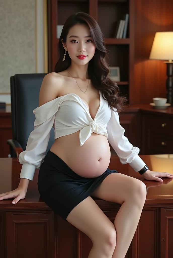 1girl,Solo,view the viewer,Realist,bent over,Black pantyhose,Exposed breasts,big breasts,Blunt bangs,Single hair bun,stand,perky ,Lace panties,love hotel,hand on pussy,cum on pussy,water on ass,big ass,office lady,white jacket,smile,squint,kneel,pee,pregnant,