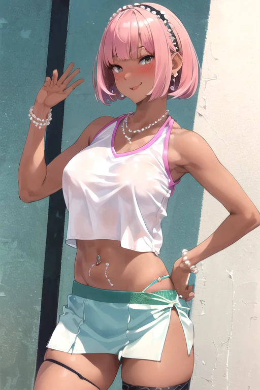 A smug narcissistic pink haired woman wearing a pink bra and blue pants and lots of jewelry flaunting herself