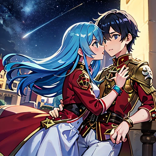 A girl with blue eyes and light blue hair, red blouse with gold plates on her body, pink panties, a gold bracelet and white skirt affectionately kissing a boy with short black hair on the lips, ojos marrones, lentes, red jacket with a night castle behind them and shooting stars in the sky