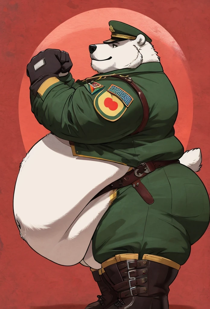 Very extremely morbidly-Obese Grizzly Bear with unbelievably very very very extremely massive overhang white belly, wears Boots, Flexing, Wears full military uniform, side view