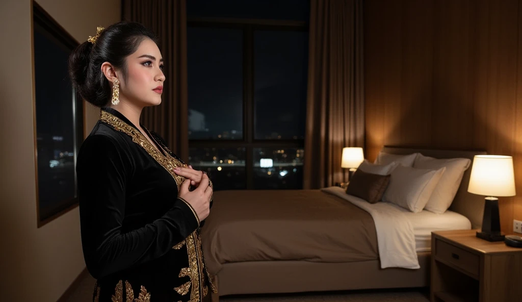 ((ultra-realistic photo)) [A beautiful 19-year-old Indonesian bride, dressed in a traditional black Javanese wedding kebaya with gold accents and a brown kebaya skirt, stands by the window in a dark, modern minimalist bedroom. Her face is streaked with tears, her expression one of deep sadness and emotional pain as she gazes out the window into the dark night. The room features a luxurious, dark-toned minimalist bed, sleek modern furniture, and warm brown walls. The soft glow from a bedside lamp creates subtle lighting, casting gentle shadows that heighten the emotional atmosphere. Outside the window, the night is dark, enhancing the somber mood. The close camera angle emphasizes her sadness, the details of her traditional attire, and the deep emotional weight of the moment, all captured in 8K resolution for lifelike realism.]