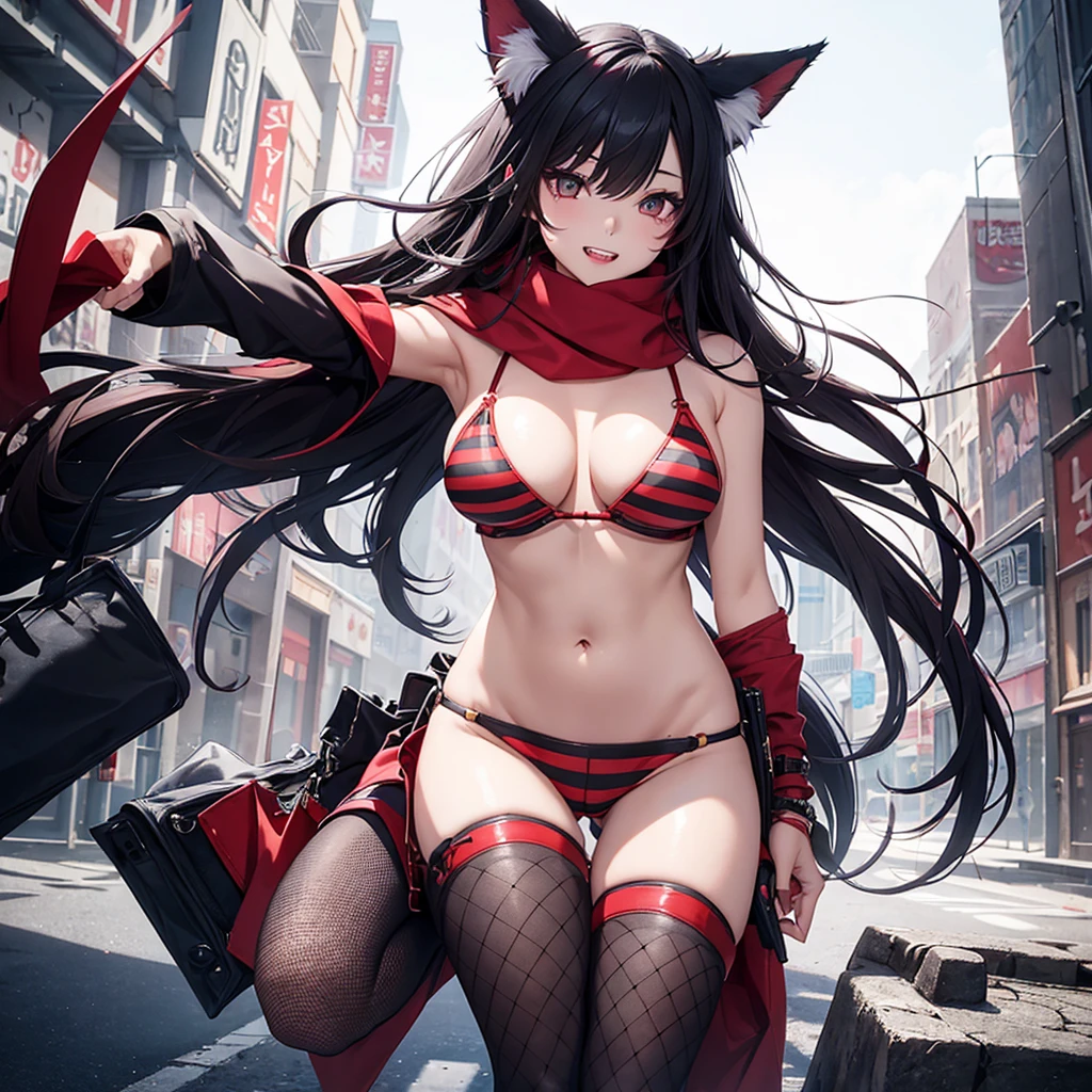 whaite hair,Wear cat ears on the head,A black collar is worn around his neck,Wear red Christmas clothes(shorter pants,Open navel),small busts,Thin waistline,Put your hands in your pockets,Half-body diagram