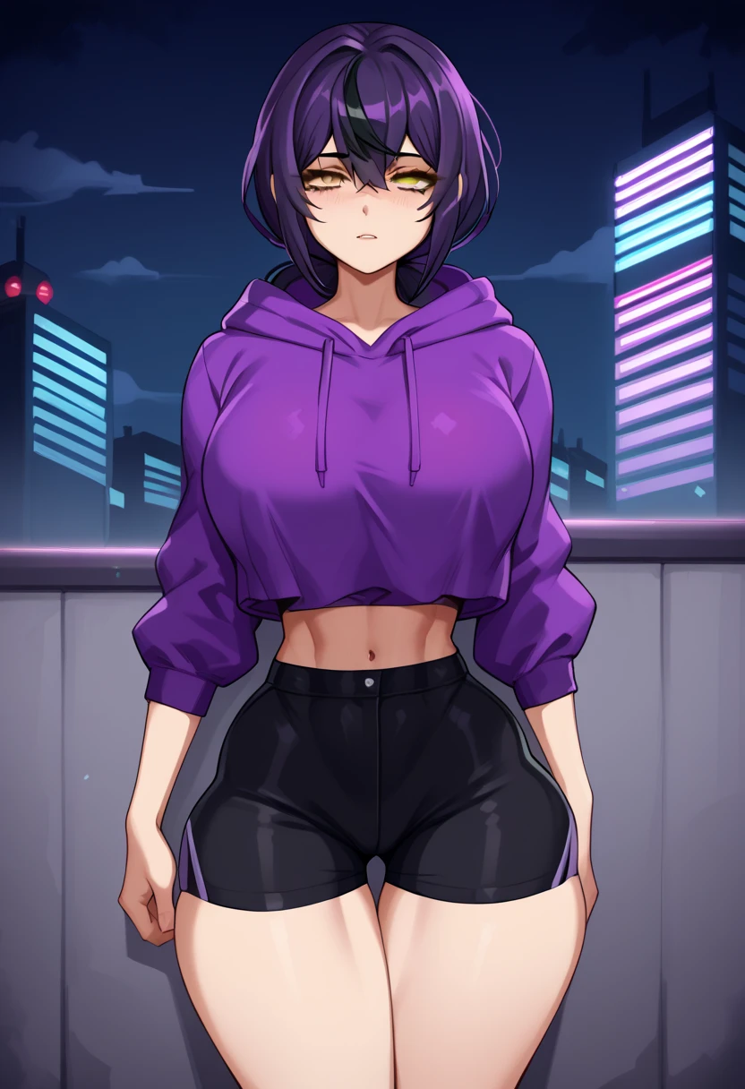 score_9, score_8_up, score_7_up, score_6_up, score_5_up, score_4_up, BREAK source_anime,rating_risky, a girl, thin, pale skin, skinny, tired expression, low ponytail, purple hair, yellow eyes, eye bags, tired expression, purple hoodie, thick thighs, black shorts, tight clothing, bold comic style, city background, purple clothes with black highlights, nighttime, neon lights, hard lighting
