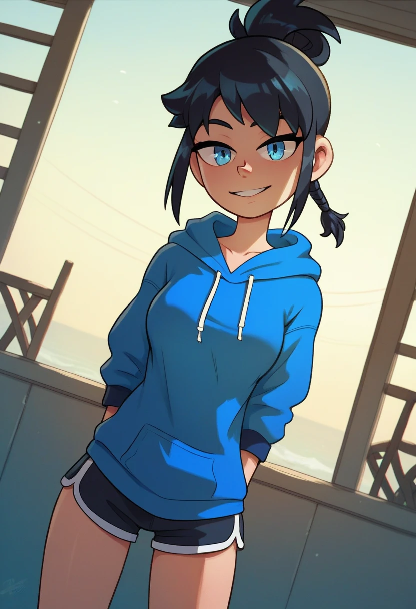 score_9, score_8_up, score_7_up, source_anime, best quality, clear face,skinny cool bright tomboy girl,black hair, blue eyes, medium hair, medium breasts, perfect body, s, looking at viewer, cool smile, mini black jumper shorts,blue underneath, plain blue hoodie,summer, dynamic angle,two hair strains on sides,medium hair,middle part,baggy clothes,hair going right,standing 